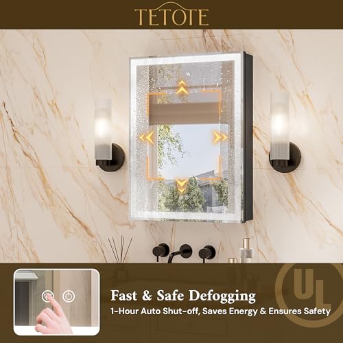 TETOTE 20 x 26 Lighted Bathroom Medicine Cabinet with Adjustable Shelves, Black Aluminum Cabinet, Anti-Fog Stepless Dimmable 3 Colors White/Warm/Natural, Easy to Install(Wall Mount/Recessed) - color: Black, size: 26"L x 20"W