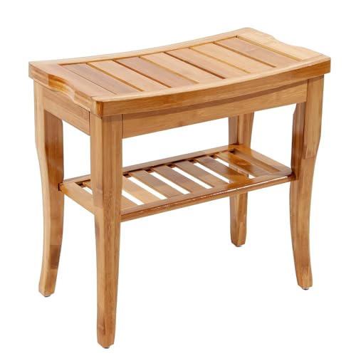 soges Bamboo Shower Bench, Waterproof Shower Stool with Storage Shelf, Wood Bath Organizer Seat, KS-HSJ-04 - color: Teak