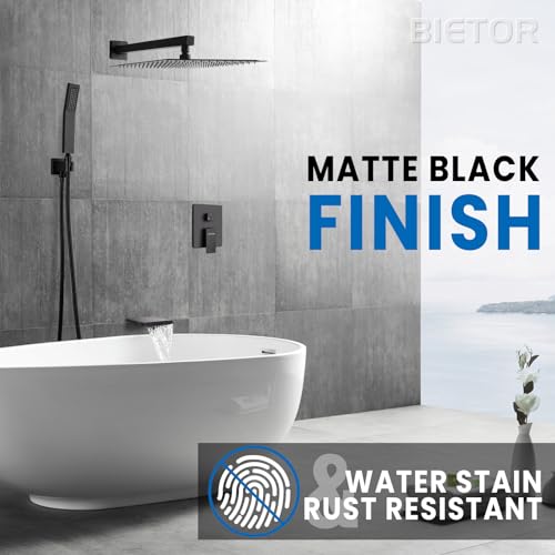 Wall Mounted Shower Faucet Set, Shower System with Tub Spout, 10 Inch Rainfall Shower Head with Handheld Spray, Waterfall Tub Spout Bathtub Faucet, Black - color: Black
