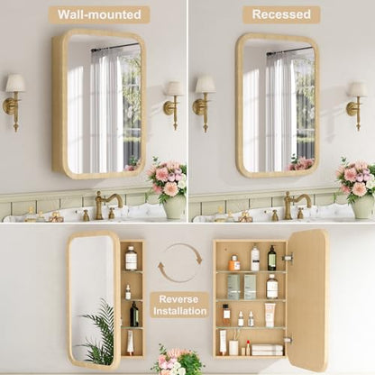 20x28 Inch Wood Medicine Cabinet with Mirror for Bathroom, Oak | Fully Assembled, Surface or Recessed Mount Mirror Cabinet, Rounded Corner, 3 Adjustable Glass Shelves, Soft-Close Door