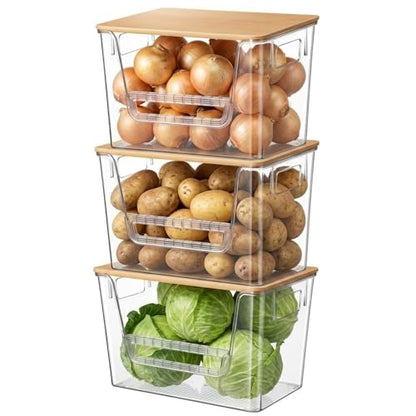 3 Set Pantry Organizers and Storage with Bamboo Lids, Stackable Clear Plastic Bins with Handles and Removable Front Baffle for Potato, Onion, Garlic, Fruit, Vegetables, Kitchen Counter and Under Sink