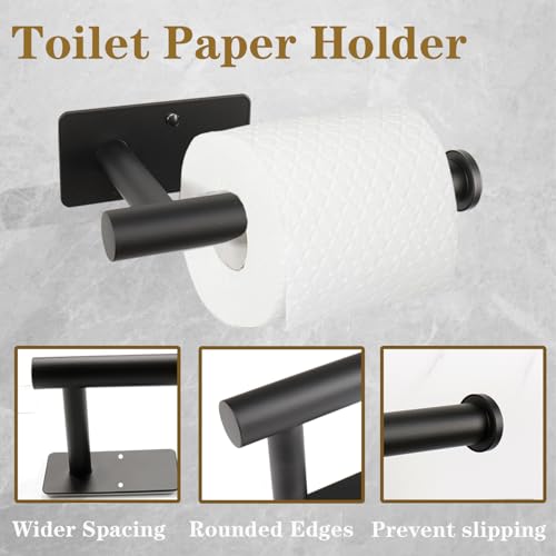 5 PCS Self Adhesive Bathroom Hardware Set, Stainless Steel Towel Rack Set Include Adjustable 24In Bath Towel Bar+Toilet Paper Holder+3 Towel/Robe Hooks Bathroom Accessory(Matte Black) - color: Matte Black, size: 24 In-5 Pcs