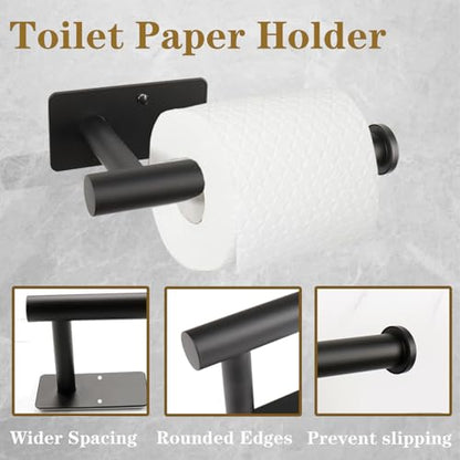 5 PCS Self Adhesive Bathroom Hardware Set, Stainless Steel Towel Rack Set Include Adjustable 24In Bath Towel Bar+Toilet Paper Holder+3 Towel/Robe Hooks Bathroom Accessory(Matte Black) - color: Matte Black, size: 24 In-5 Pcs