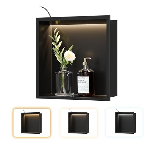 12"x12"Black LED Shower Niche,3 CCT Dimmable Light, No Tile Needed | 304 Stainless Steel Bathroom Niche w/ Light(3000K/4000K/6000K), IP66 Waterproof, Space Saving & Durable ,LED Driver Included - color: Matte Black, size: 12X12In