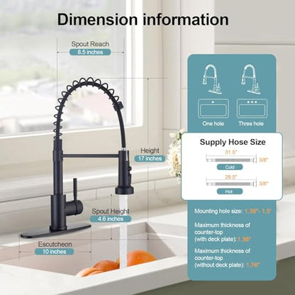 Kitchen Faucets with Pull Down Sprayer and Soap Dispenser, Matte Black Stainless Steel Single Pull Out Spring Sink Faucet, 3 Function Sprayer 1 or 3 Hole Deck Plate for Farmhouse Rv Bar - color: Matte Black, style: Classic(with Soap Dispenser)
