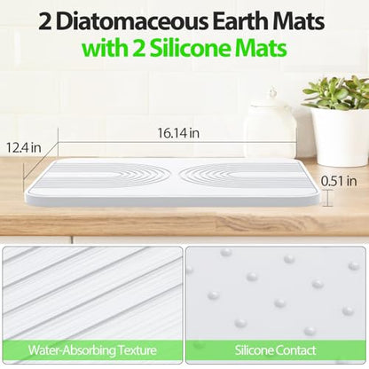 2 PCS Stone Dish Drying Mat ＆ Silicone Mat for Kitchen Counter – Diatomaceous Earth Bath Mat for Bathroom, 16.14"L×12.4"W×2 Quick Dry Mats for Dishes ,Bottles, Cups, Match Any Countertop(White) - color: White