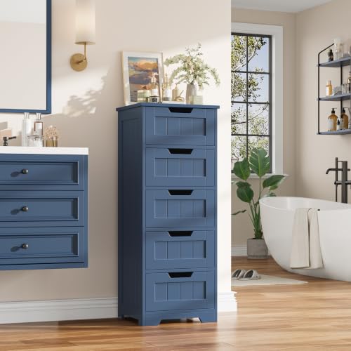 FOTOSOK Bathroom Cabinet, Bathroom Storage Cabinet with 5 Drawers, Blue | Narrow Bathroom Storage with Cut-Out Handles, 11.8” x 15.7” x 40.1”, Slim & Small Floor Cabinet for Laundry/Hallway - color: Blue