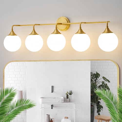 Brushed Gold Bathroom Light Fixtures Over Mirror Vanity 5-Light | Mid Century Modern Brushed Gold Wall Sconce with Milky White Glass Ball Shades for for Bathroom Dressing Table Bedroom - color: Gold, size: 5-light