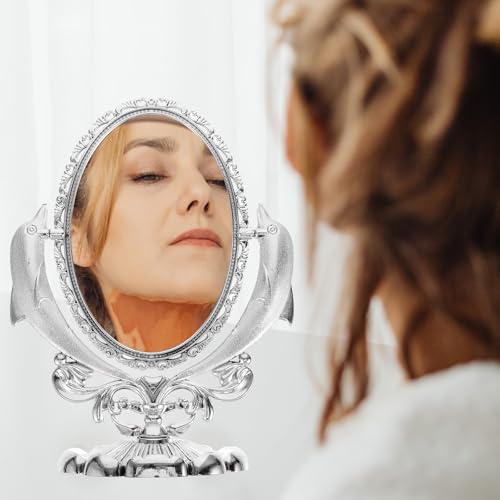 Baluue Double-Sided Tabletop Cosmetic Mirror with Swivel Stand Silver Decorative Vanity Mirror for Makeup Desk for Home Beauty and Dressing Table