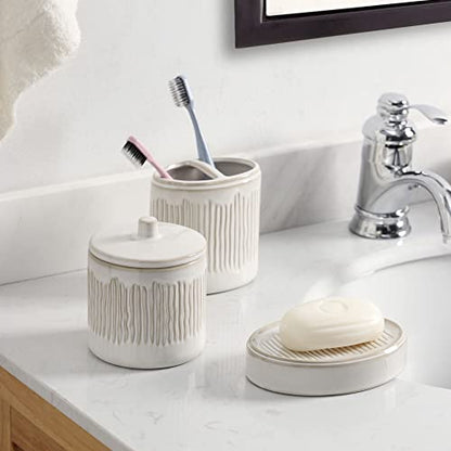 Bathroom Accessories Set, 5-Piece Ceramic Bath Accessory Complete Set with Lotion Dispenser/Soap Pump, Cotton Jar, Soap Dish, Tumbler and Toothbrush Holder (Ivory White)
