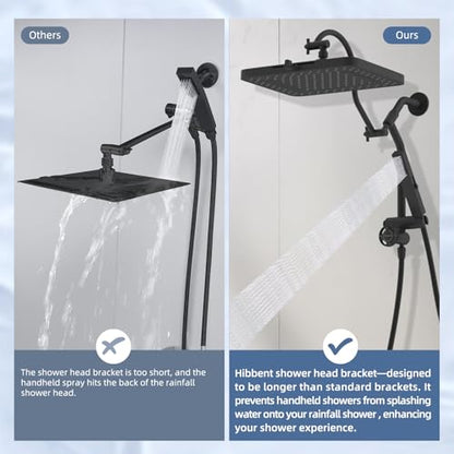 Hibbent 5-Mode 13" Rain Shower head, 4-Spray Handheld Shower, Matte Black | cUPC Certified High Pressure Showerhead Combo, All Metal 4-way Diverter Extension Arm & Handheld Spray, 71'' Hose & Holder - color: Matte Black, style: Square 13"