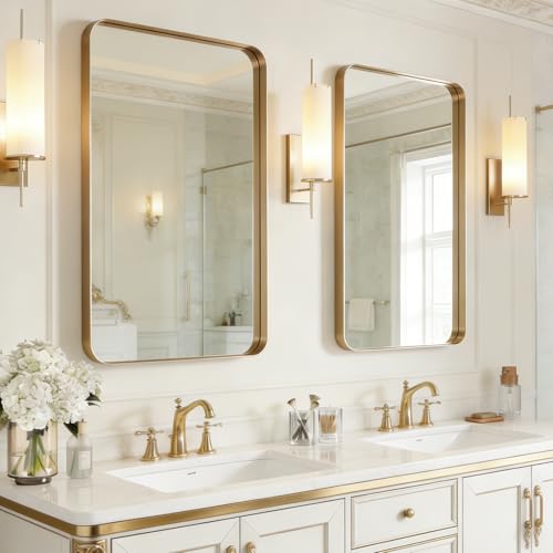 USHOWER Gold Bathroom Mirrors for Over Sink 24"x36" 2 Pack | Brushed Champagne Brass Gold Vanity Mirror for Wall, Aluminum Frame, Anti-Rust, Tempered Glass - color: Brushed Gold, size: 24"Lx36"W-2pcs