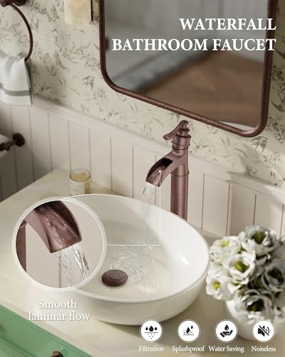 Vessel Sink Faucet Copper Tall Bathroom Faucets Waterfall Single Handle | 1 Hole Farmhouse Antique with Pop up Drain Assembly and Supply Lines Mixer Tap Without Overflow Counter Top by Homevacious - color: Copper