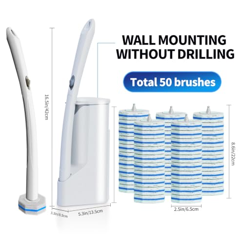 Disposable Toilet Brush Cleaning System with 50pcs Refills Pads Replacement Heads, Toilet Cleaning Stick, Wall Mounted Wand Kit Bathroom Maintenance, Toilet Bowl Cleaner Brush Holder and Set - style: Toilet brush + 50 refills