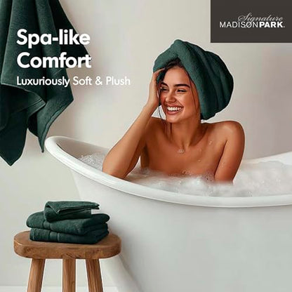 Madison Park 800GSM 100% Cotton Bathroom Bath Towel Set of 8, Dark Green | Long Staple, Highly Absorbent, Durable Hotel Spa Quality, Quick Dry, Double Stitched Hems, Lint Reducing, OEKO-TEX Certified - color: Dark Green, size: Multi-Sizes