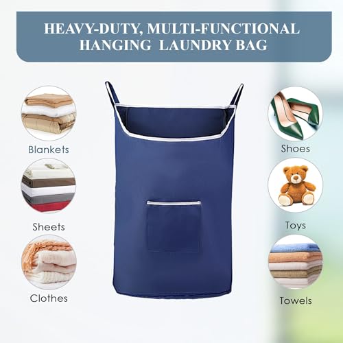 Fine Living Co. Large Hanging Laundry Hamper with Over Door Hooks & Adhesive, Durable Space Saving Laundry Bag with Zipper and Wide Open Top, Hanging Dorm Laundry Hamper (Navy Blue-XL) | Hanging Dorm Laundry Hamper with Over Door Hooks & Adhesive, Durable