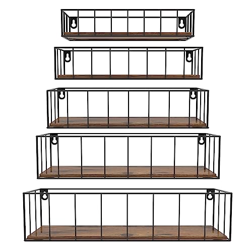 CRUGLA Floating Shelves Wall Mounted Set of 5, Hanging Storage Wall Shelf with Rail for Bathroom, Bedroom, Living Room, Kitchen - color: Brown
