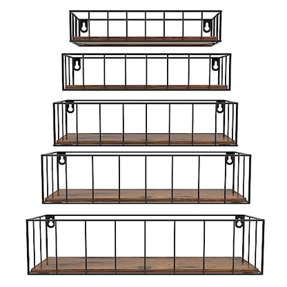 CRUGLA Floating Shelves Wall Mounted Set of 5, Hanging Storage Wall Shelf with Rail for Bathroom, Bedroom, Living Room, Kitchen - color: Brown