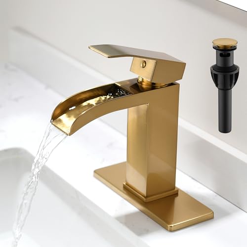 Waterfall Bathroom Faucet Gold - Single Handle Sink Faucets Bathroom 1 Hole Or 3 Hole for 4In | Modern Solid Vanity Faucet with Deck Plate & Overflow Pop Up Drain Brushed Gold - color: A-Brushed Gold