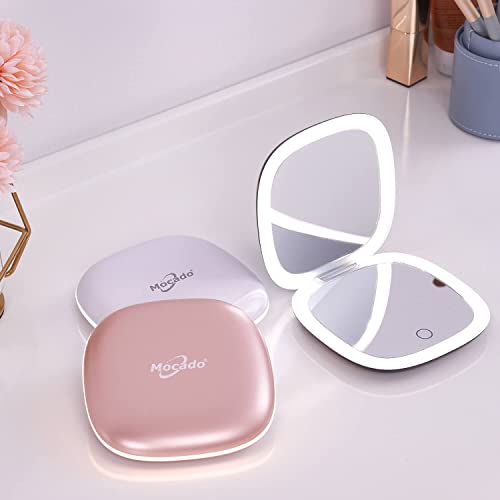 Mocado Compact LED Magnifying Travel Makeup-Mirror - 4 inches 1X/10X Magnification Small Hand Pocket Dimmable Double Sided USB Rechargeable Touch Screen, Portable Tabletop Cosmetic (Black) | Double Sides Lighted, 3 Colors Lighting, 0-100% Brightness, Diam