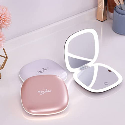 Mocado Compact LED Magnifying Travel Makeup-Mirror - 4 inches 1X/10X Magnification Small Hand Pocket Dimmable Double Sided USB Rechargeable Touch Screen, Portable Tabletop Cosmetic (Black) | Double Sides Lighted, 3 Colors Lighting, 0-100% Brightness, Diam