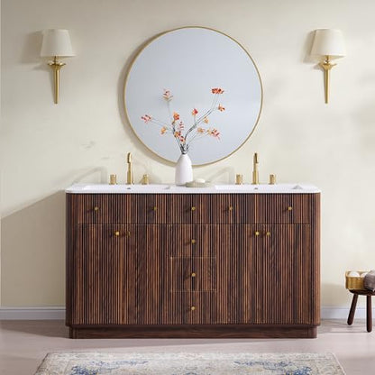 T4TREAM 60" Fluted Bathroom Vanity with Double Sink, Dark Walnut | Integrated Resin Sink, 2 Large Storage Cabinets, Adjustable Shelf, 3 Drawers, Three pre-drilled faucet holes, Mid-Century - color: Dark Walnut, size: 60" (Bouble Sink)