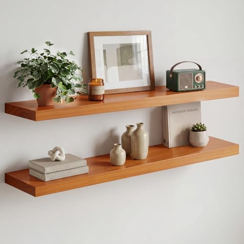 Oak Floating Shelves 36 inches Long, High End Solid Real Wood 36 inch Floating Shelf for Room Wall, Honey Oak Wooden 36inch Kitchen Shelves, Heavy Duty Bracket, 36 X 6.5 X 1.75 in, Set of 2 - color: Honey Oak - Warm Amber Tone, size: 36 inch
