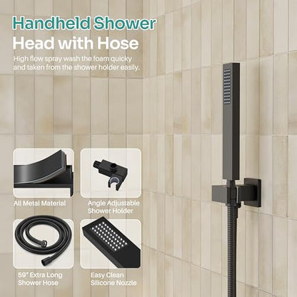Black Shower System, Matte Black Shower Faucet Set with 3 In 1 Push Button Shower Diverter Valve, 10'' Ceiling Shower Head and 6'' Wall Mounted Shower Head, Black Rain Shower Head with Handheld Spray - color: Matte Black