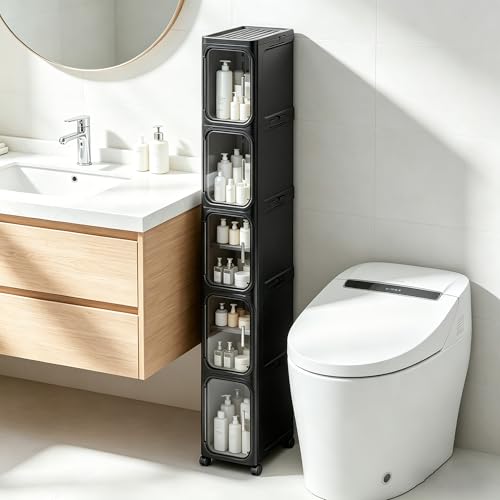 LXLXXL 5-Tier Narrow Storage Cabinet Slim Bathroom Tall Skinny Organizer | Movable Slim Storage Cabinet with Lockable Rolling Wheels Adjustable Detachable Shelves Snap Assembly for Small Spaces,Black - color: Black, size: 5-tier