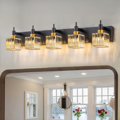 Modern Crystal Bathroom Vanity Light Black Gold 5-Lights Bathroom Lighting Fixtures Over Mirror, Brass Wall Light Fixtures - color: Black Gold-Square Shade, size: 5-Light