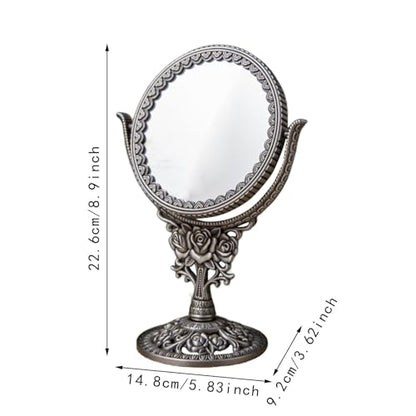 European Style Dressing Table Mirror Antique Rotating Cosmetic Mirror Oval Dressing Mirror Swivel Double Sided for Bedroom, round rose
