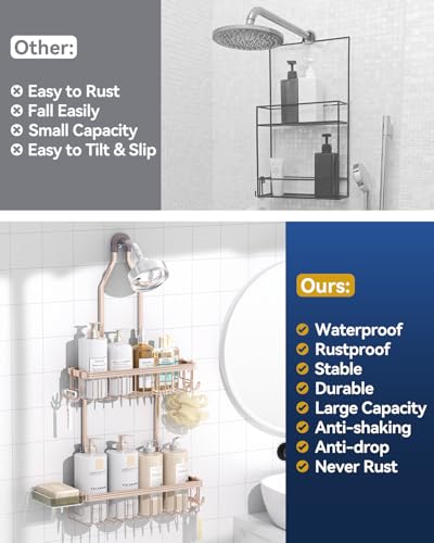 Never Rust Shower Caddy Hanging, Aluminum Shower Racks for Inside Shower, 2-Tier Shower Organizer Hanging Over Shower Head with Hooks and Soap Holder, Rose Gold - color: Rose Gold