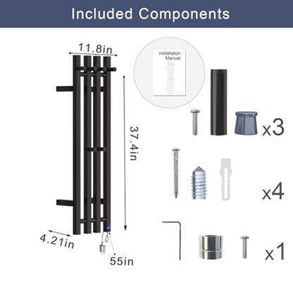 Electric Towel Warmer Rack, Wall Mount 4-Bar Vertical Square, Matte Black Finish