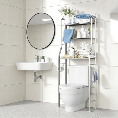 3-Tier Over the Toilet Storage, Metal Bathroom Shelve, Over Toilet Bathroom Organizer, Space Saver Bathrooms Shelve for Restroom Laundry Balcony, Stainless Steel - color: Stainless Steel, size: 3-Tier