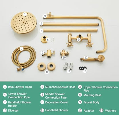 Antique Brass Shower System Bathroom Shower Faucet Set with 8 Inch Rainfall Shower Head Handheld Spray 2 Cross Handles Wall Mounted Outdoor Shower Fixtures Solid Brass - color: Antique Brass, style: Two Modes