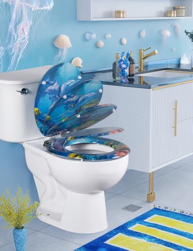 Angol Shiold ROUND Soft Close Wood Toilet Seat Blue Ocean Dolphins16.5Inch | Heavy Duty Quiet and Slow Close Lid and Seat, Quick Release Easy Installation & Clean (Blue Ocean Dolphins) - size: Round -16.5"
