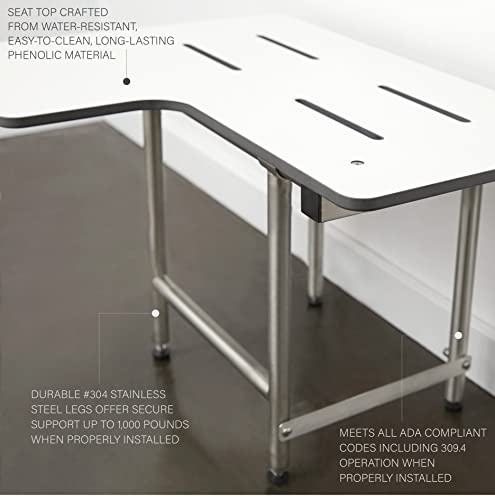 Seachrome 32" x 22.5" Lift-Assist ADA L-Shaped Reversible Bathroom Shower Bath Transfer Seat, Folding Wall-Mounted White Phenolic Seat with Swing Down Legs - color: White, size: 32 x 22.5 in.