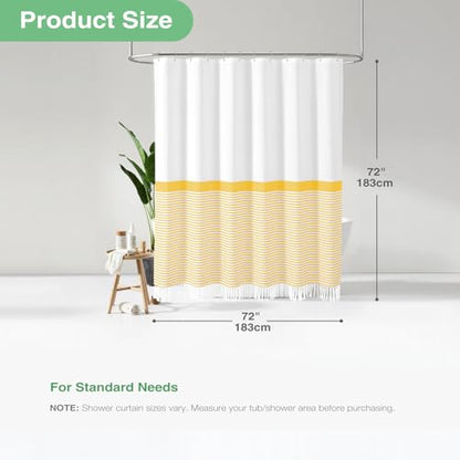 Yellow Fabric Shower Curtain, Farmhouse Boho Striped Tassel Shower Curtain for Bathroom, Bohemian Textured Cloth Shower Curtain Set with Hook, Water Repellent, Wrinkle Free, 72x72 - color: A. Yellow, size: 72"W x 72"L (Pack of 1)