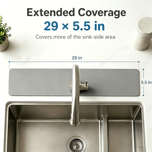 29"L x 5.5"W Customizable Grey Faucet Mat: Quick Dry Extra Absorbent Sink Mat & Bathroom Counter Protector - Freely Custom Cuttable with 2 or 3 Hole Faucet Design - Extra Long Splash Guard Pad
