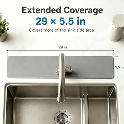 29"L x 5.5"W Customizable Grey Faucet Mat: Quick Dry Extra Absorbent Sink Mat & Bathroom Counter Protector - Freely Custom Cuttable with 2 or 3 Hole Faucet Design - Extra Long Splash Guard Pad