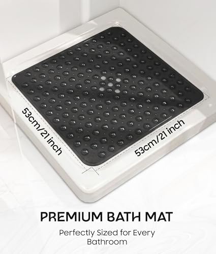 Square Shower Mat Non Slip, 21x21 Inch Square Bathtub Mat for Inside-Shower with Suction Cups Drain Holes, Anti-Slip Bathroom Floor Shower Stall Mats, Soft Bath for Tub, Machine Washable - Black - color: Black