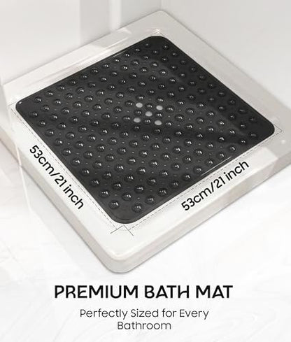 Square Shower Mat Non Slip, 21x21 Inch Square Bathtub Mat for Inside-Shower with Suction Cups Drain Holes, Anti-Slip Bathroom Floor Shower Stall Mats, Soft Bath for Tub, Machine Washable - Black - color: Black