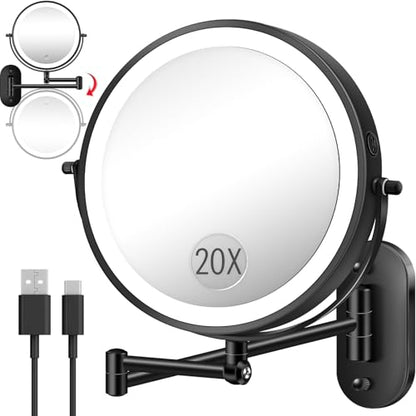 20X 9" Wall Mounted Magnifying Makeup Mirror with Light Height Adjustable | 5000mAh Double Sided Rechargeable LED Lighted Vanity Mirror with Magnification 3 Color Light up Extended Arm 360 Rotation - color: 9inches-black