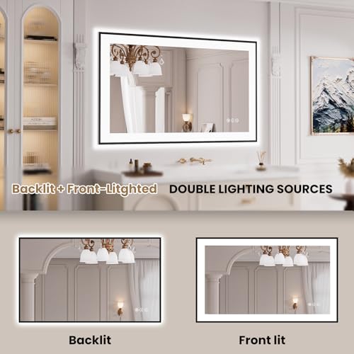LOAAO 40"X24" LED Bathroom Mirror Black Framed | Anti-Fog, Dimmable, Memory Function, Tempered Glass, Lighted Vanity Mirror for Wall - size: 40"L x 24"W