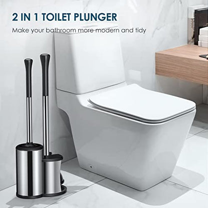 HAMITOR Toilet Plunger Bowl Brush Set: Hideaway Heavy Duty Toilet Plunger Scrubber Cleaner Holder Combo for Bathroom with Covered Caddy Hidden Elongated Discreet Apartment Plunger Brush Accessories
