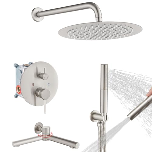 Airuida 3-Function Shower System with Tub Spout – Round Rainfall Shower Faucet Combo,Handheld Spray with 2 Functions,Includes Rough-In Valve with 360° Rotating Drain,12 Inch Shower Head,Brushed Nickel - color: Brushed Nickel, size: 12 Inch