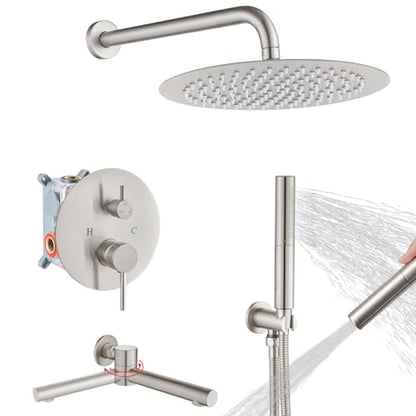 Airuida 3-Function Shower System with Tub Spout – Round Rainfall Shower Faucet Combo,Handheld Spray with 2 Functions,Includes Rough-In Valve with 360° Rotating Drain,12 Inch Shower Head,Brushed Nickel - color: Brushed Nickel, size: 12 Inch
