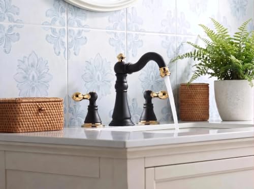 Matte Black with Brass 2-Handle 8 Inch Widespread Bathroom Faucet, 3 Holes | Derengge Traditional Widespread Sink Faucet, With Pop-Up Drain 360° Swivel Stainless Steel Spout, F-8805-MG - color: Matte Black with Polished Brass Trim