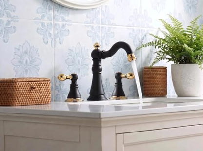 Matte Black with Brass 2-Handle 8 Inch Widespread Bathroom Faucet, 3 Holes | Derengge Traditional Widespread Sink Faucet, With Pop-Up Drain 360° Swivel Stainless Steel Spout, F-8805-MG - color: Matte Black with Polished Brass Trim