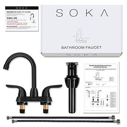 SOKA 2 Handle Bathroom Faucet Black, 4 Inch Black Bathroom Sink Faucet Centerset with Lift Rod Drain Stopper and Supply Hoses, RV Bathroom Faucet 3 Holes, Matte Black Bathroom Faucet - color: Matte Black, size: 4" Double-handled